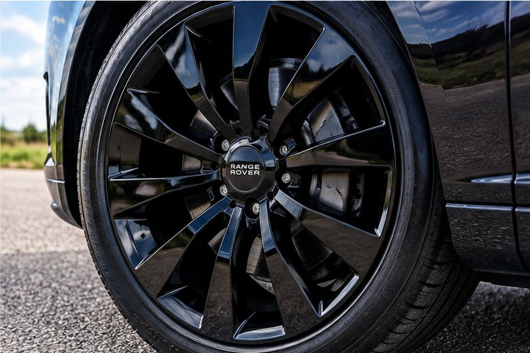 Refurbished black alloy wheel on a vehicle in Somerset