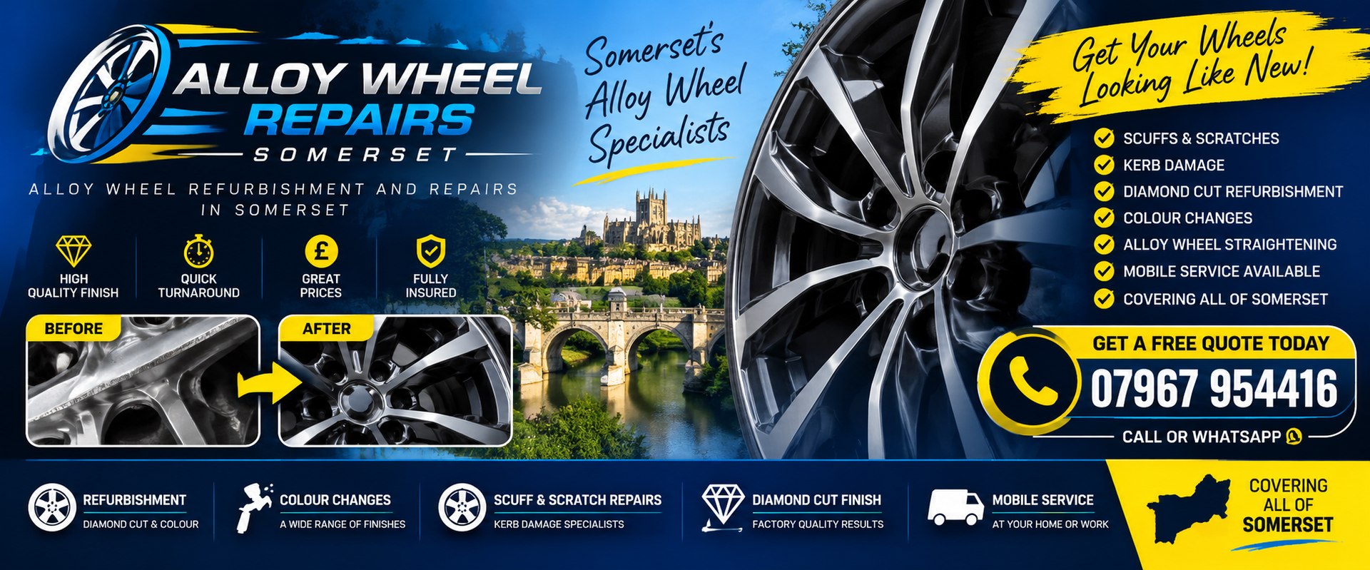 Alloy Wheel Repairs Somerset &ndash; alloy wheel refurbishment and repairs in Somerset. Call 07967 954 416